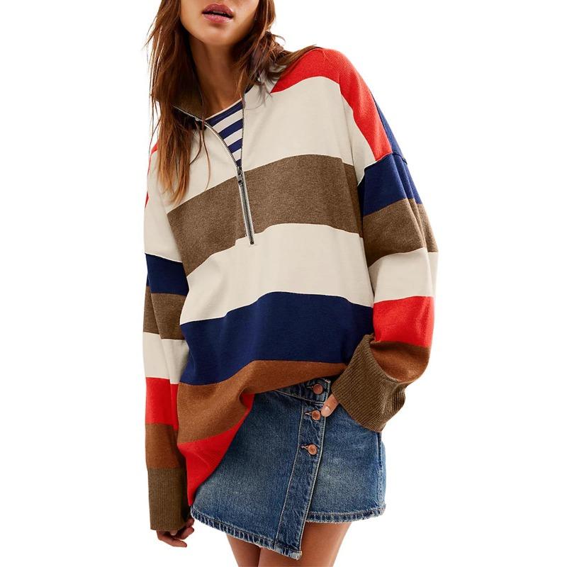 Autumn and Winter New Long Sleeved 1/4 Zipper Pullover with Split Color Block for Women's Sweaters and Hoodies