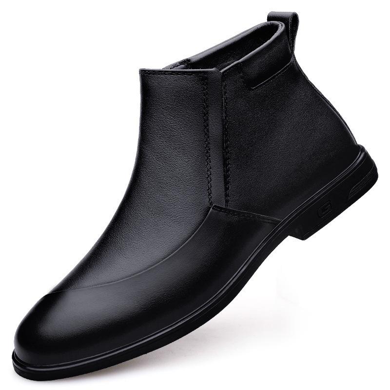 Autumn and winter men's shoes round head casual shoes business leather shoes men's first layer cowhide foot cover winter velvet snow boots men