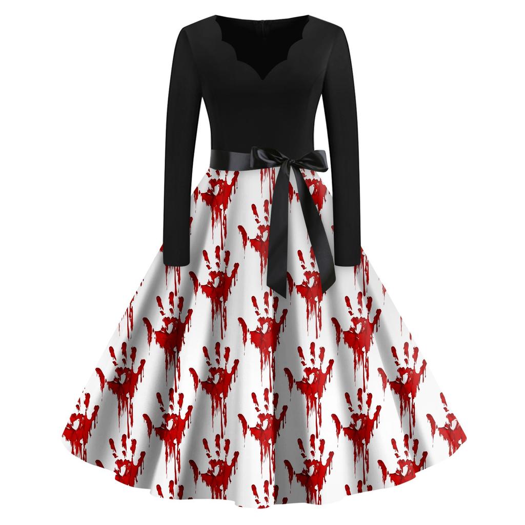 Dámské vintage klasické šaty, výstřih, motýlek, dlouhé rukávy, Halloweenský potisk Šaty s výstřihem do V