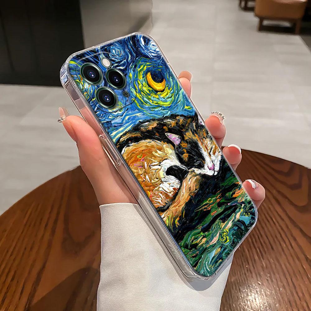 Cat Van Gogh Starry Night Oil Painting Case For Apple iPhone 17 16 15 14 13 12 11 Pro Max Plus 16E 17Air 17Pro Phone Cover Funda