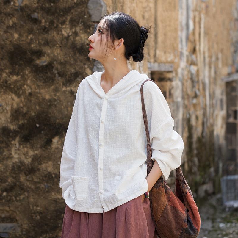 

Johnature Женские винтажные рубашки с капюшоном Топы Однотонные блузки Весенние на пуговицах Карманы Рубашка с длинным рукавом One Size