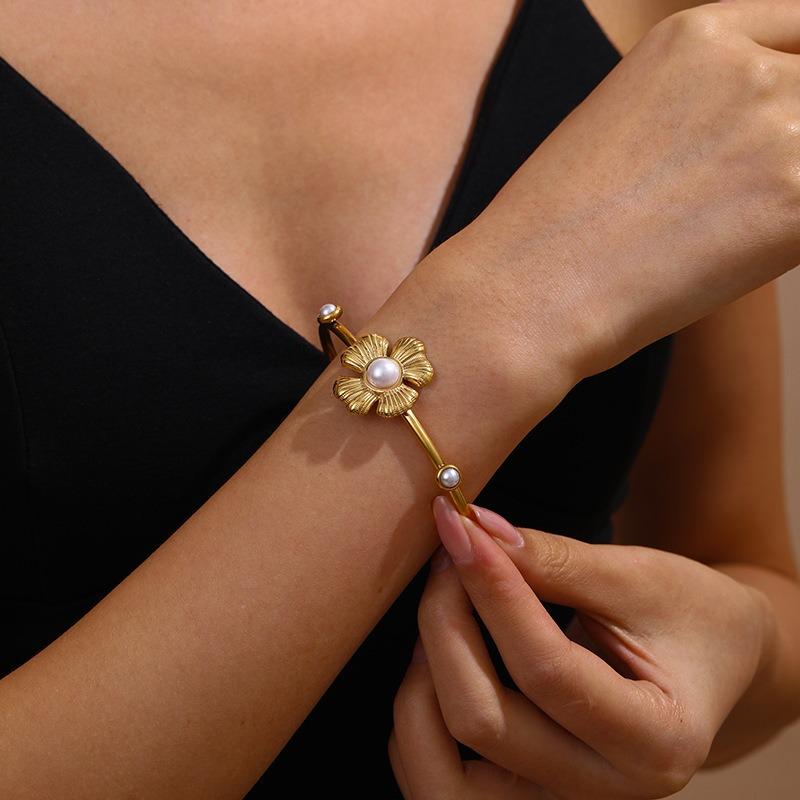 Gold Bow Pearl Open Cuff Bangle Bracelet for Women