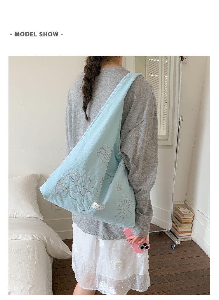 Korean Style Embroidered Floral Fabric Shoulder Bag - Large Capacity for Women