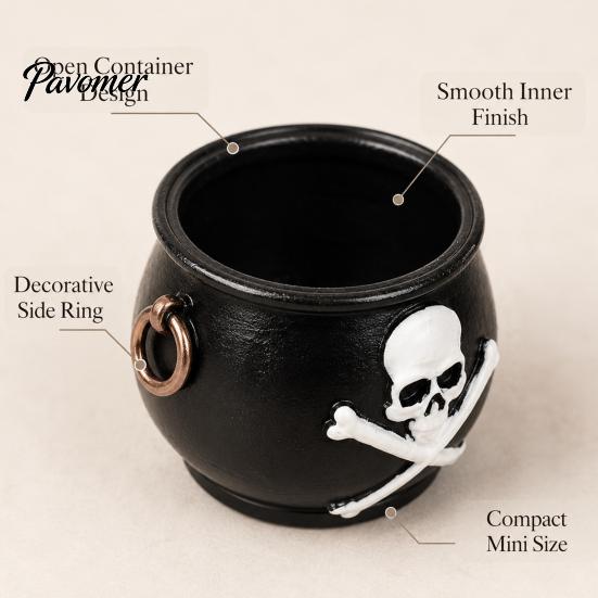 Black Magic Pot Witches Cauldron Planter, Halloween Skull Flower Pot, Gothic Resin Moss Micro Landscape Container Candy Bowl for Herbs, Indoor,