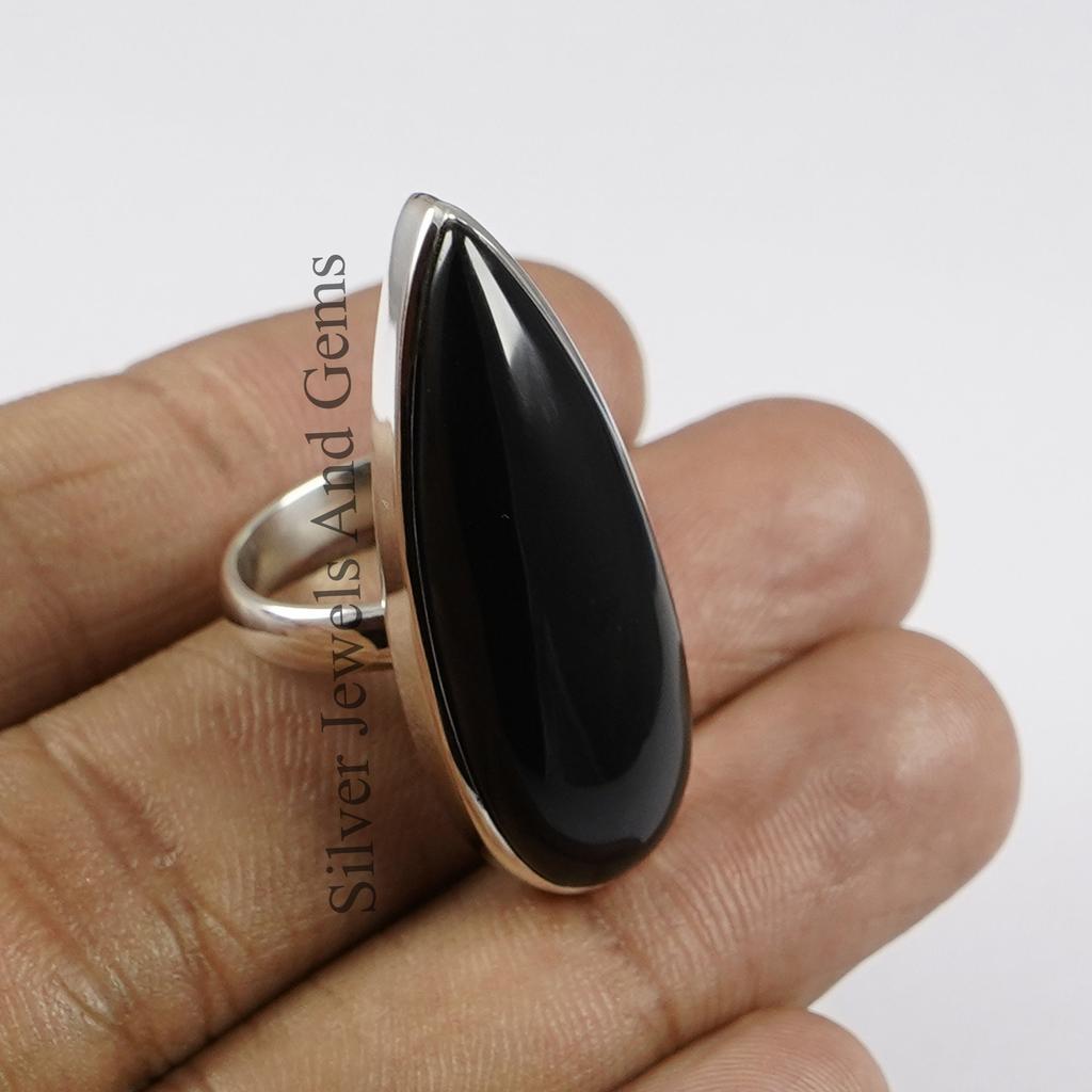 Teardrop Black Onyx Ring, 925 Sterling Silver, Long Handmade Ring