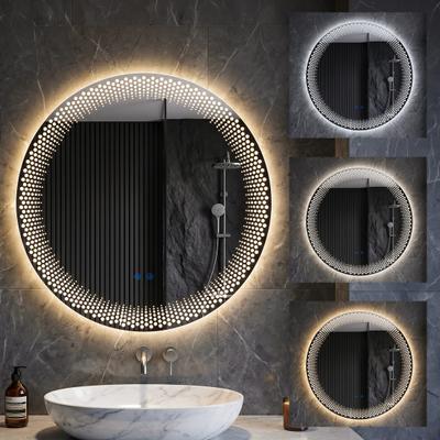 LED Koupelnové Zrcadlo Zrcadlo, Kulaté se Světly, Kruhové Nástěnné Chytré Namontované Osvětlené 3 Barvy Jas, Proti Mlze, Stmívatelné, Odolné proti Rozbití