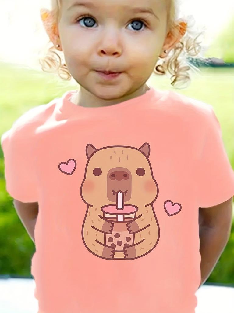 Cute Capybara Print Girls Summer Clothes Crew Neck T-Shirts for Girls Short Sleeve Tee Kids Clothes T-Shirts Girl Clothing