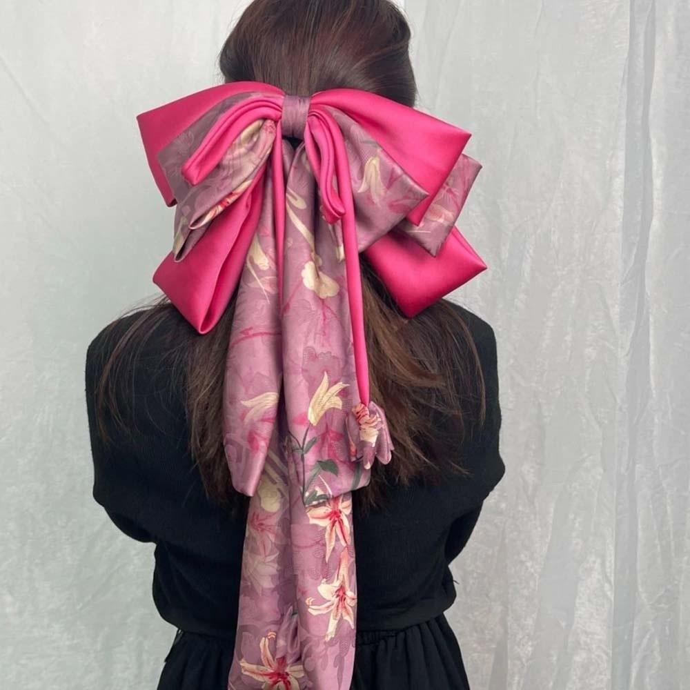 Contrast Color Oversized Bow Hair Clip Sweet Christmas Hair Accessory Satin Ribbon Headdress Daily