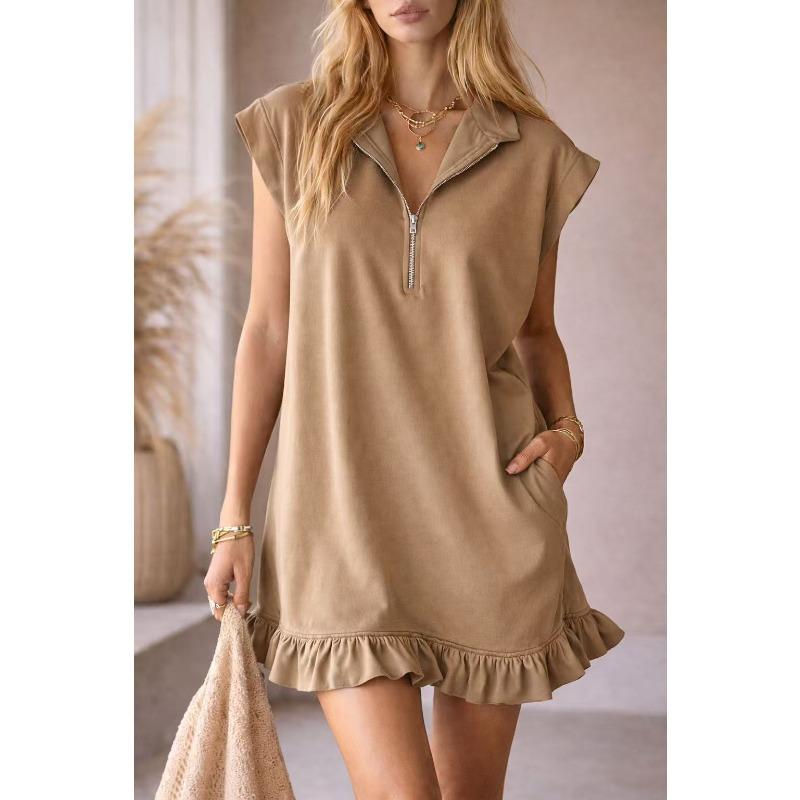 New Sleeveless Double-Pocket Dress with Zipper V-Neck and Ruffled A-Line Skirt for Women