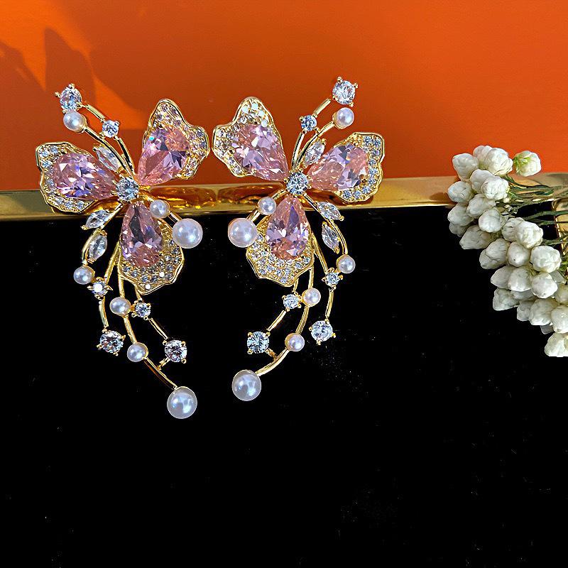Elegant Diamond Flower & Butterfly Pearl Ear Clips – Non-Piercing, Court Style Accessories