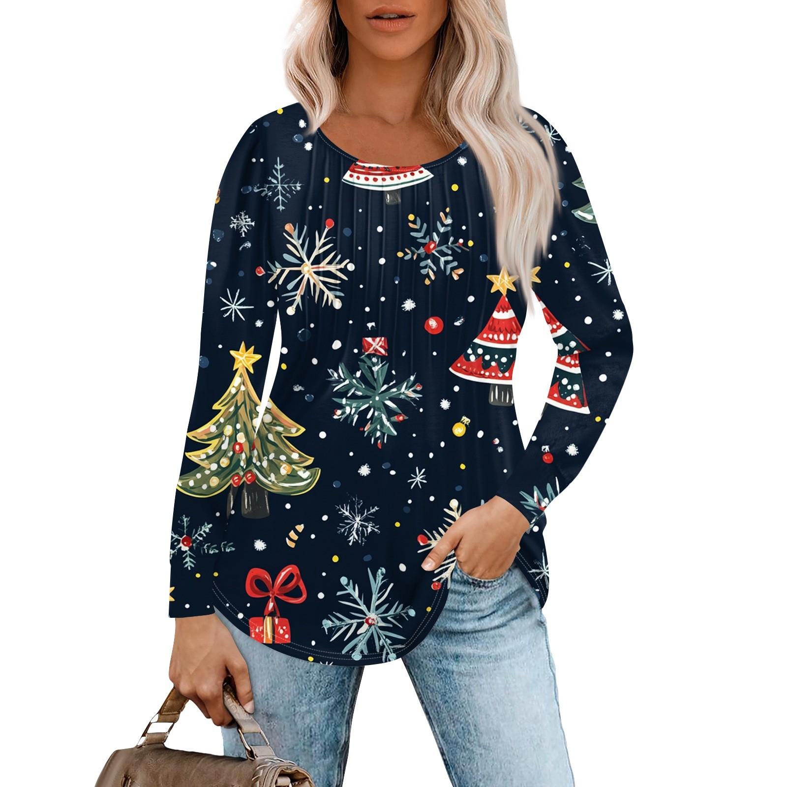 

Женская повседневная футболка с круглым вырезом и длинными рукавами с рождественским принтом и складками M