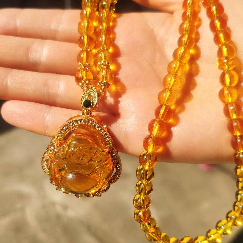 Live-Streamed Best-Selling Imitation Chalcedony & Citrine Guanyin Buddha Pendant with Unisex Maitreya Bead Necklace
