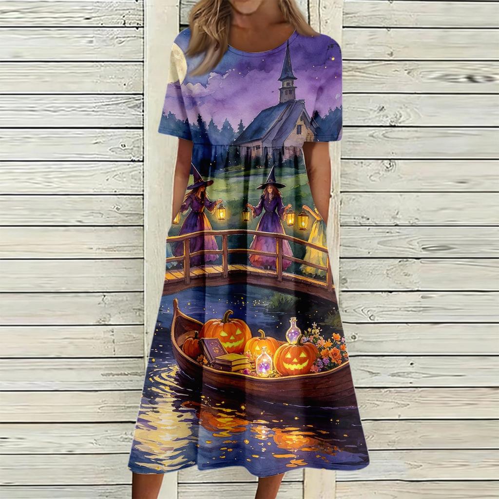 Women's Casual Round Neck Dress with Halloween Print and Pockets