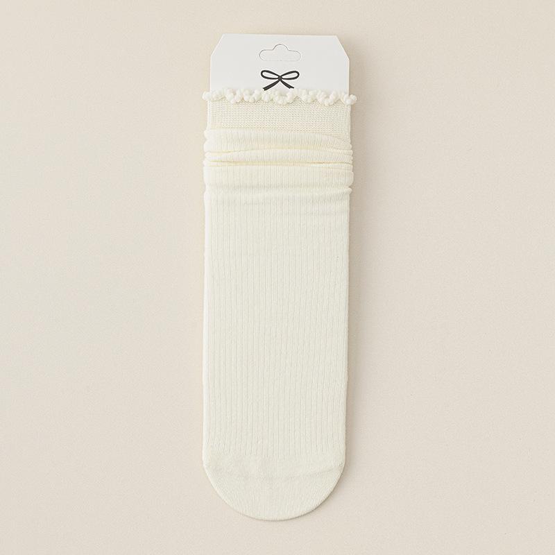 Women's Mid-calf Socks, Boneless Pile Socks, Black Ear-trimmed Solid-color Cotton Socks, Sweat-absorbing and Breathable Long Socks