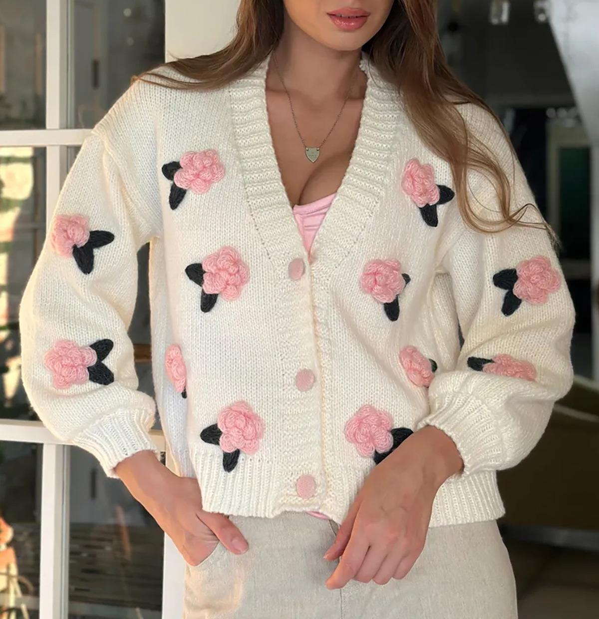 

Осень и зима новый милый стиль трехмерное цветочное украшение V-образный вырез вязаный кардиган свитер куртка 3537 S розовый
