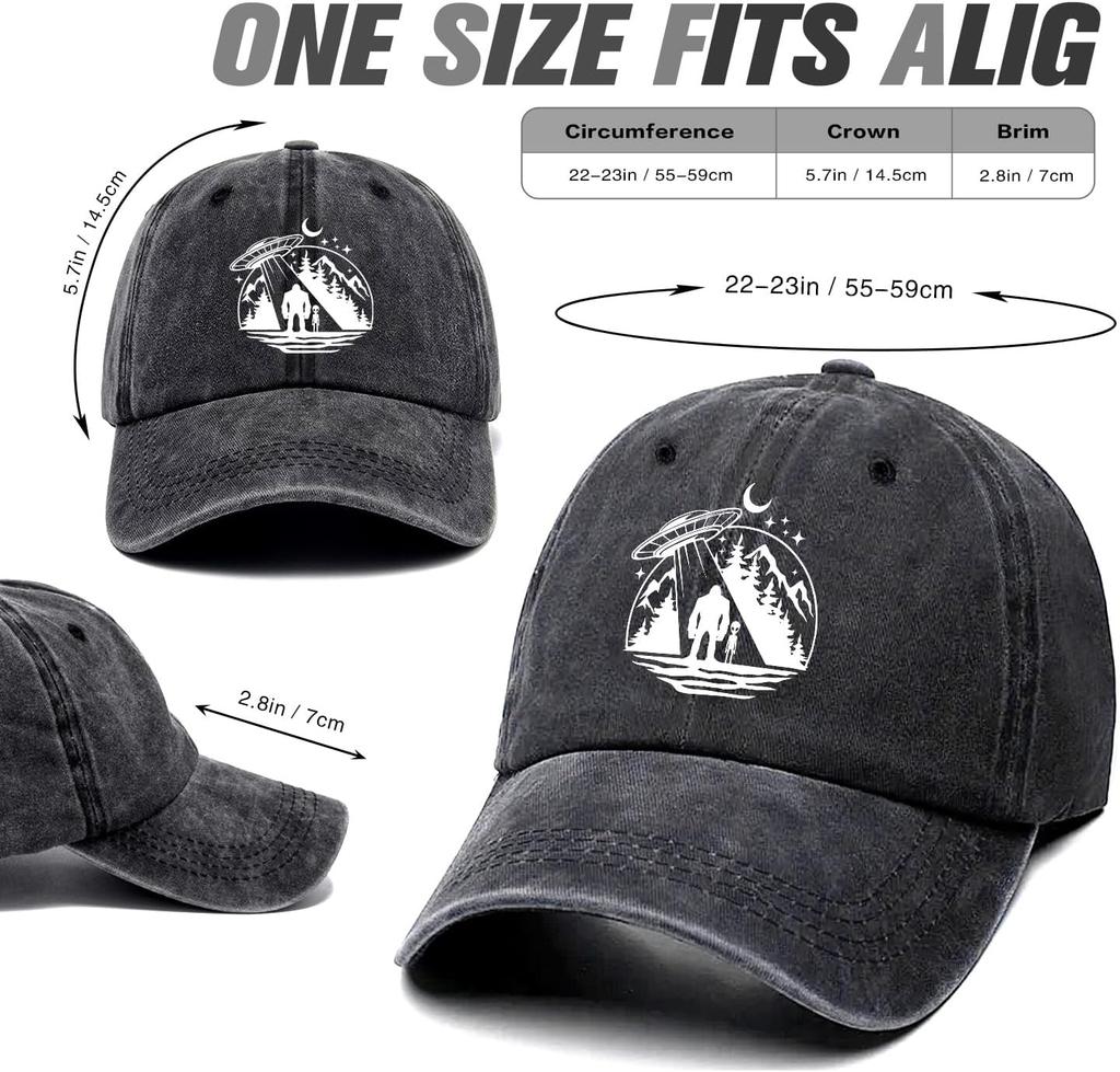 Monster Alien UFO Denim Baseball Cap Washed Cotton Adjustable Outdoor Sasquatch Hat for Men Women