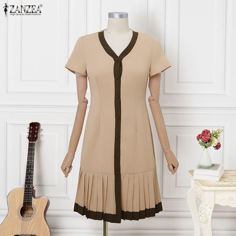 ZANZEA Damen Freizeit V-Ausschnitt Sommer Kurzarmkleid