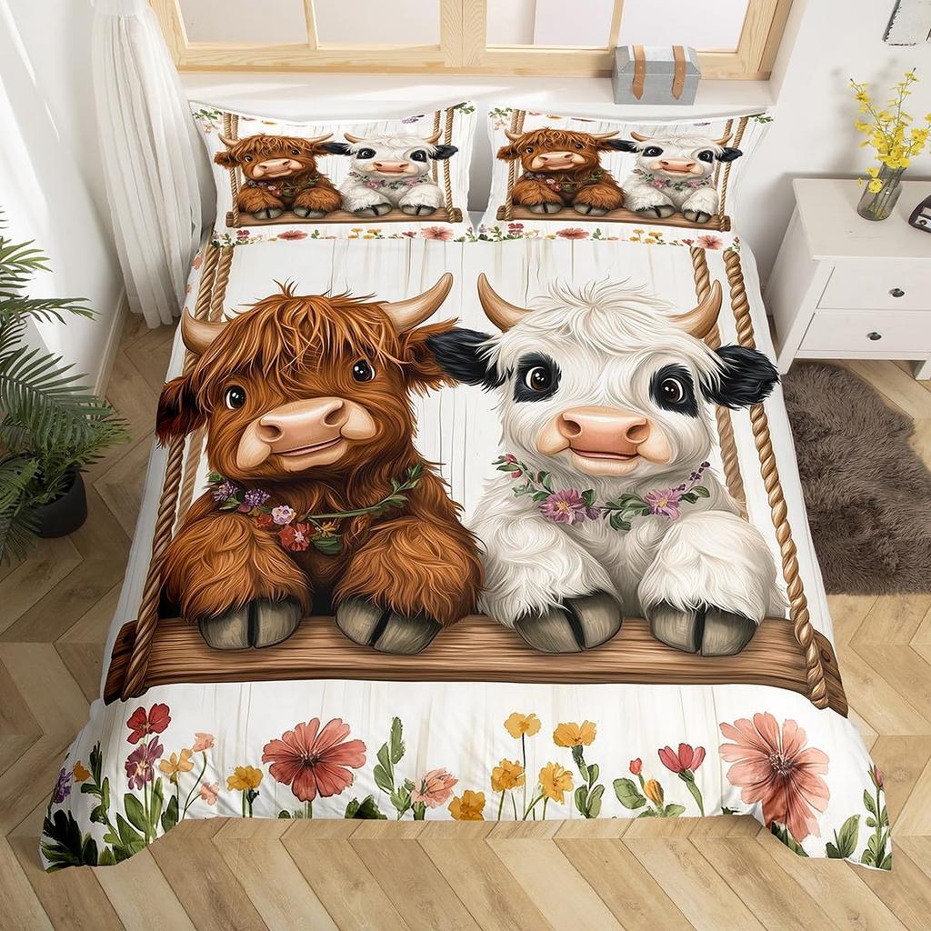 Abstract Cow Print Soft Duvet Cover Quen Sized Dimensions for Young Boys Young Girls Bedrom, Pink Cow Silhouete Beding Set,Animal Themed Warm