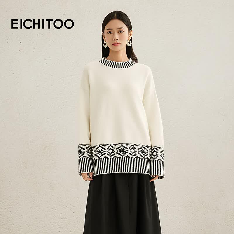 EICHITOO Women s Color Block Jacquard Knit Sweater L