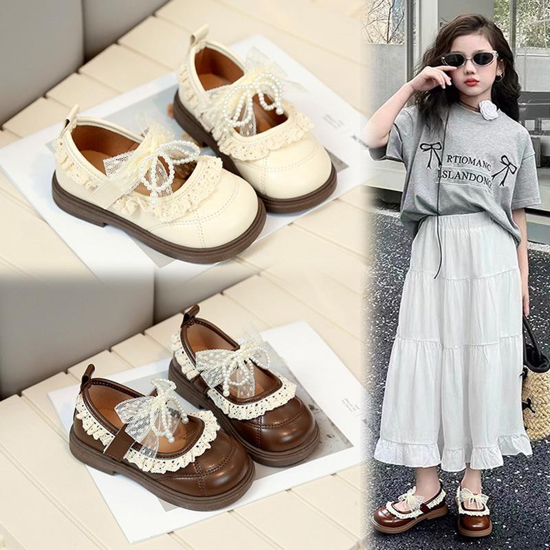 Girls' Lace Bow Leather Shoes - Spring & Autumn Korean Style Princess Performance Shoes with Pearls