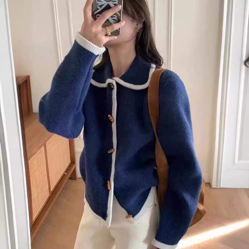 Contrasting color lapel horn buckle knitted cardigan women's autumn and winter new lazy wind loose soft waxy sweater jacket tide