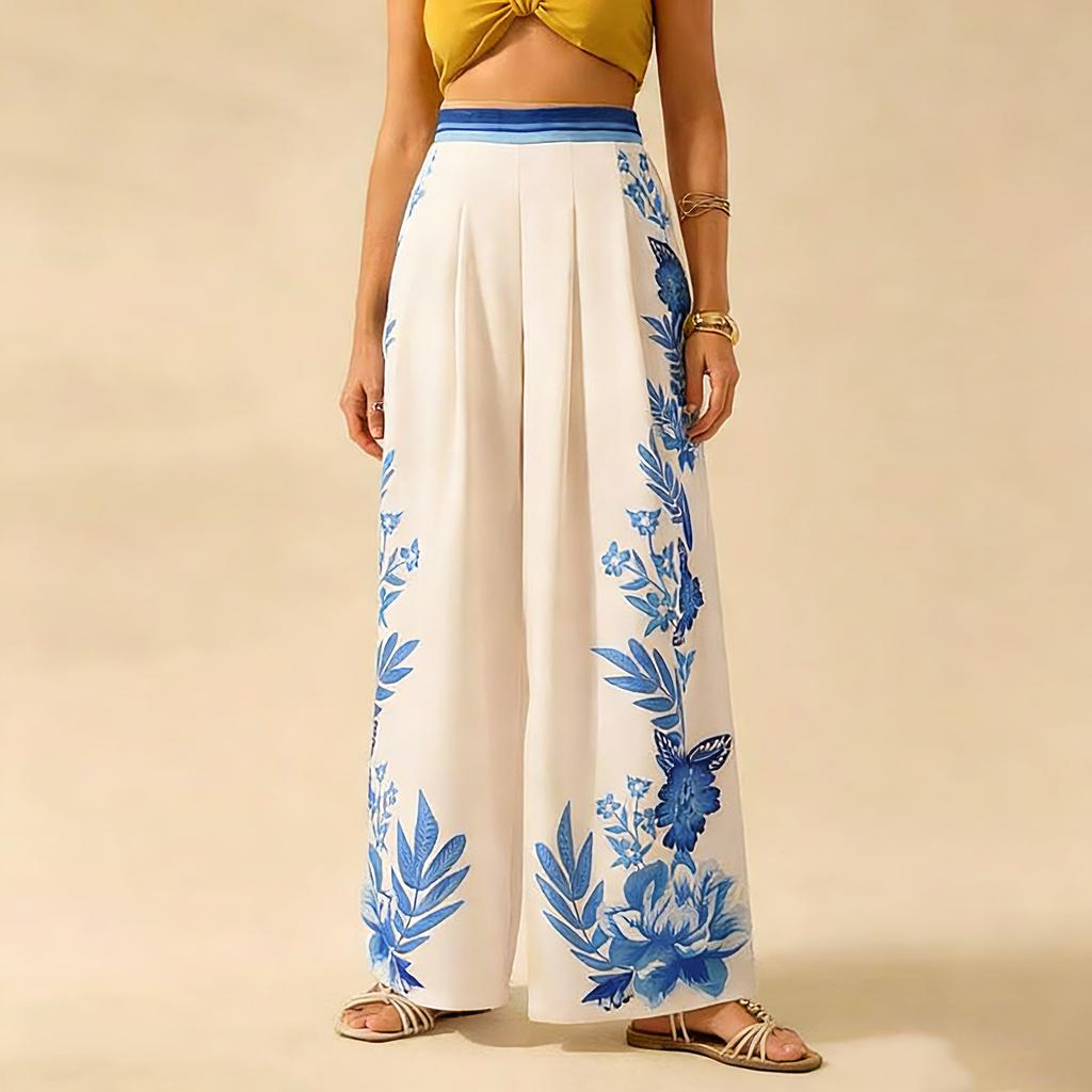 Ladies' Color Printed Casual Loose High Waisted Wide Leg Pants