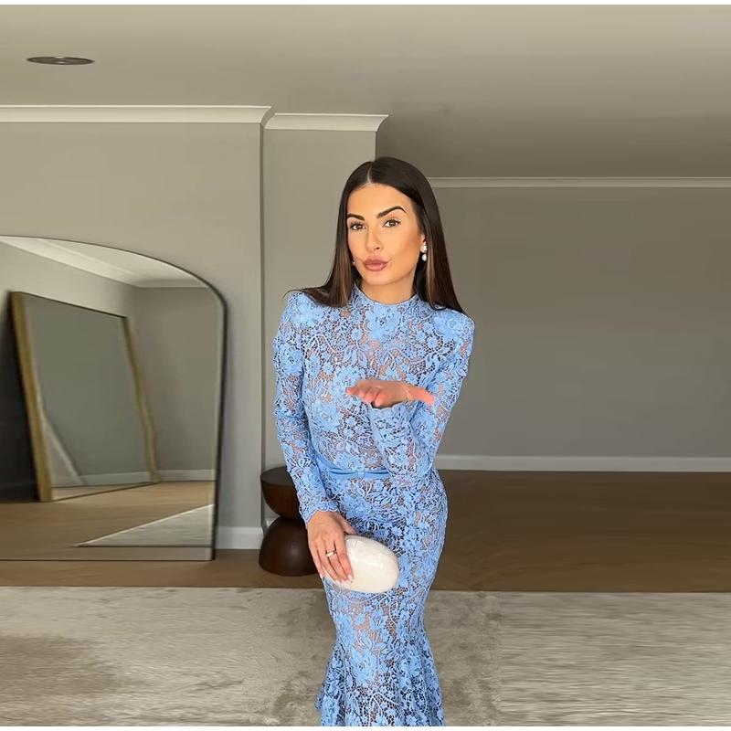 Ladies' Perspective Lace Hollow Belt Long Sleeve Fishtail Dress Solid Color Lace Decorative Elegance Ladies' Long Sleeve Dress Spring Autumn New Style