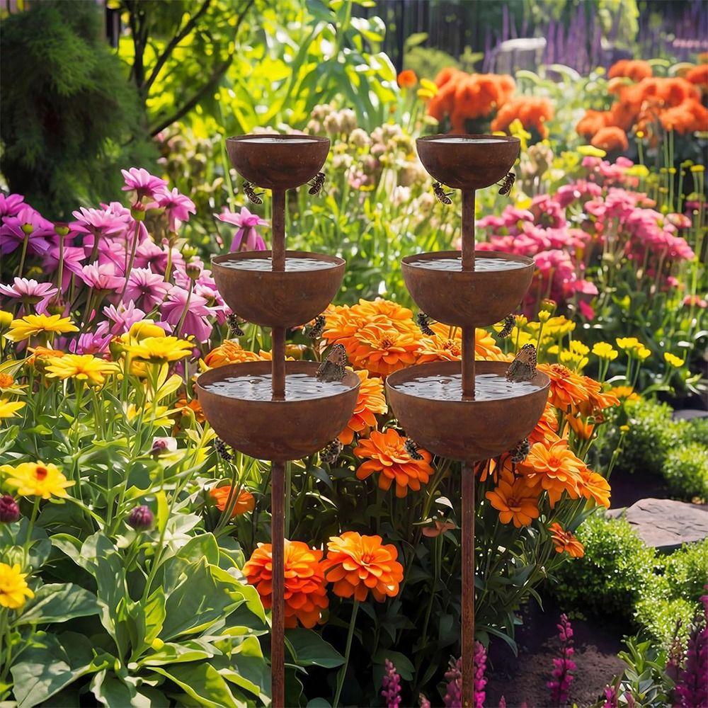 3-Tier Bowl Bird Water Dispenser Vintage Iron Garden Rain Catcher Courtyard Decor