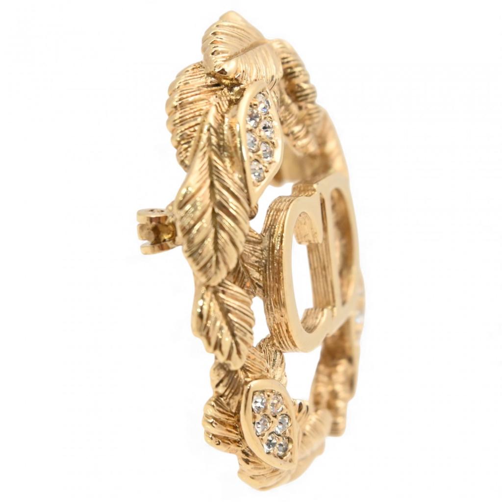 Auth DIOR Pave Leaf CD Logo Brooch Gold-Tone Metal Rhinestone Di4610bf