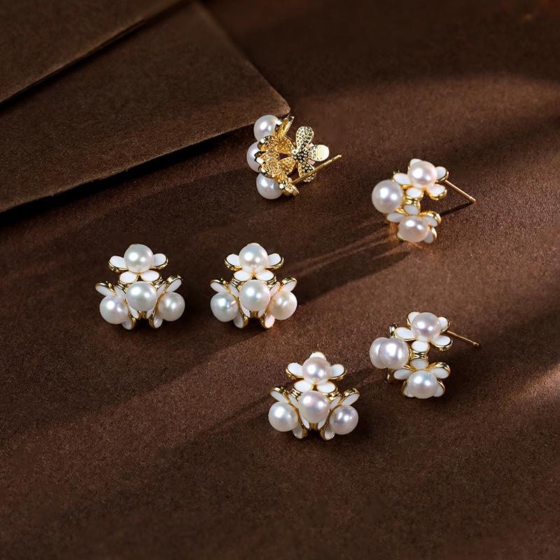 Elegant Enamel Flower Stud Earrings with Freshwater Pearls for Women