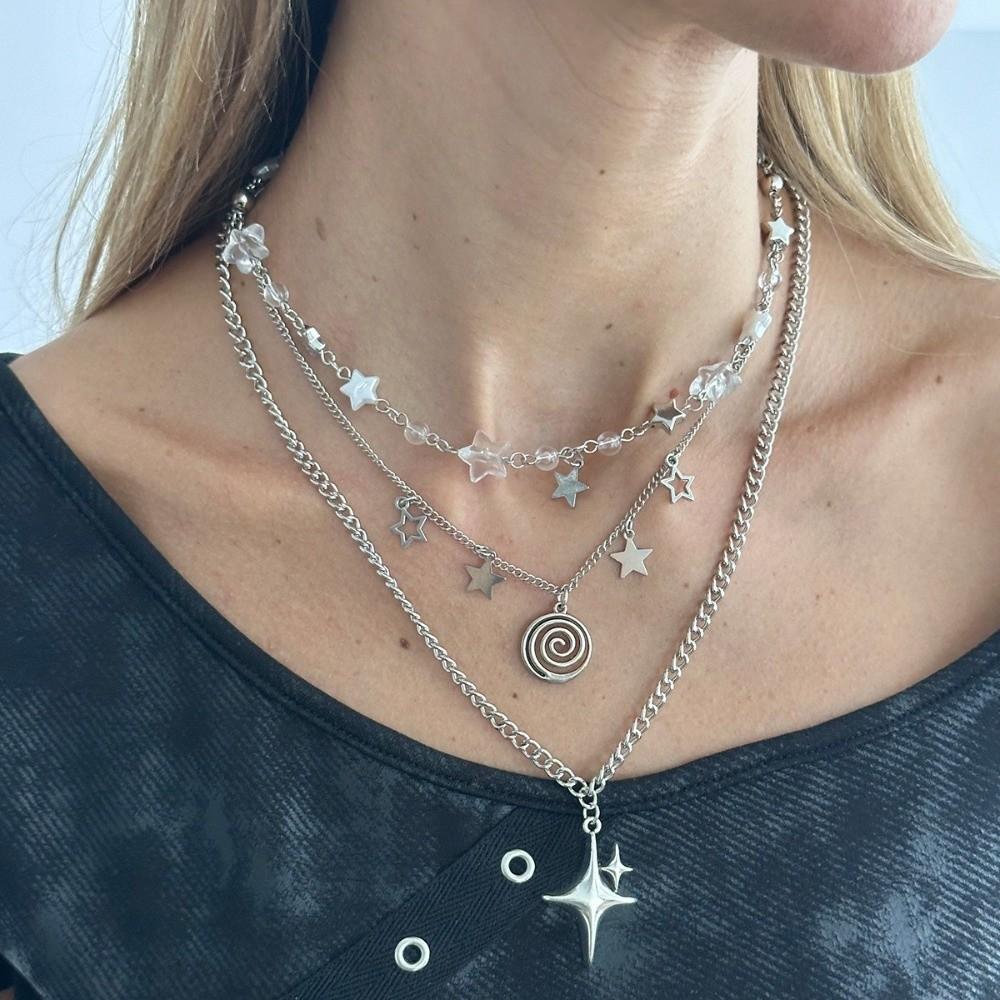 Hollow Out Star Pendant Necklace Punk Goth Y2K Metal Necklace Charm Beaded Necklace Girl