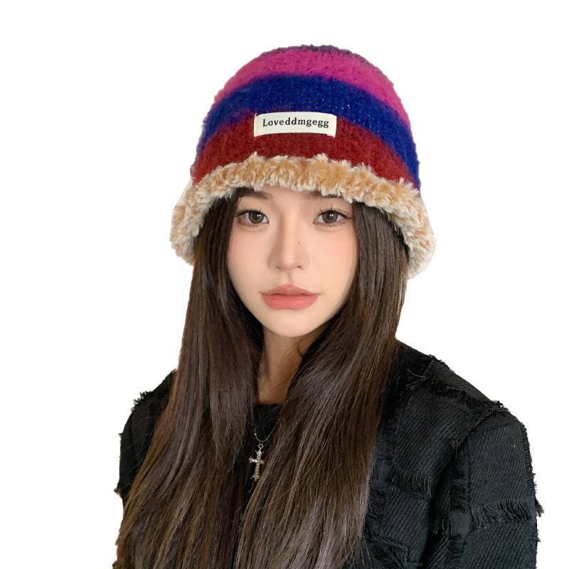 Autumn and Winter New Hat Women's Retro Niche Design Sense Knitted Fluffy Bucket Hat Colored Warm Ear Protector Basin Hat