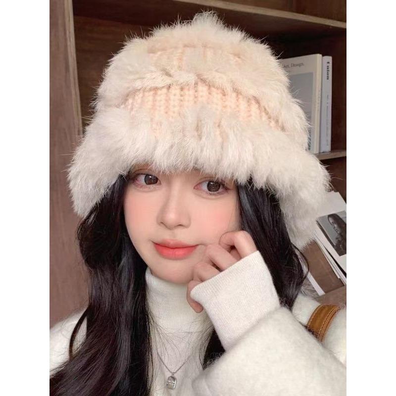 Winter Cute Fluffy Rabbit Fur Blend Bucket Hat For Big Face