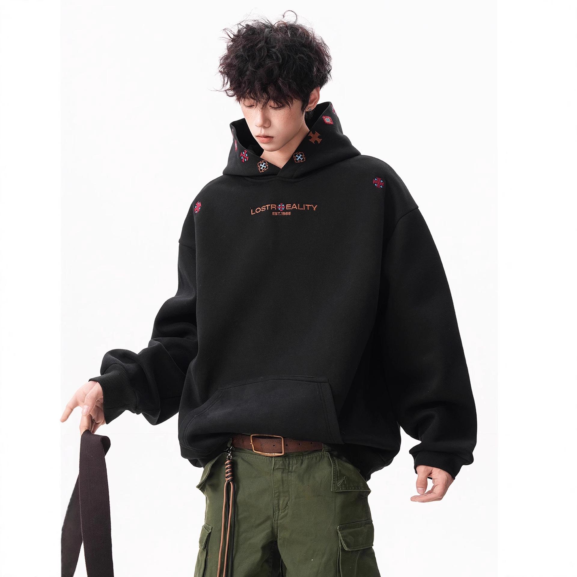 500g Unisex Ethnic Embroidered Hoodie - Autumn Long Sleeve Loose Fit Sweatshirt L