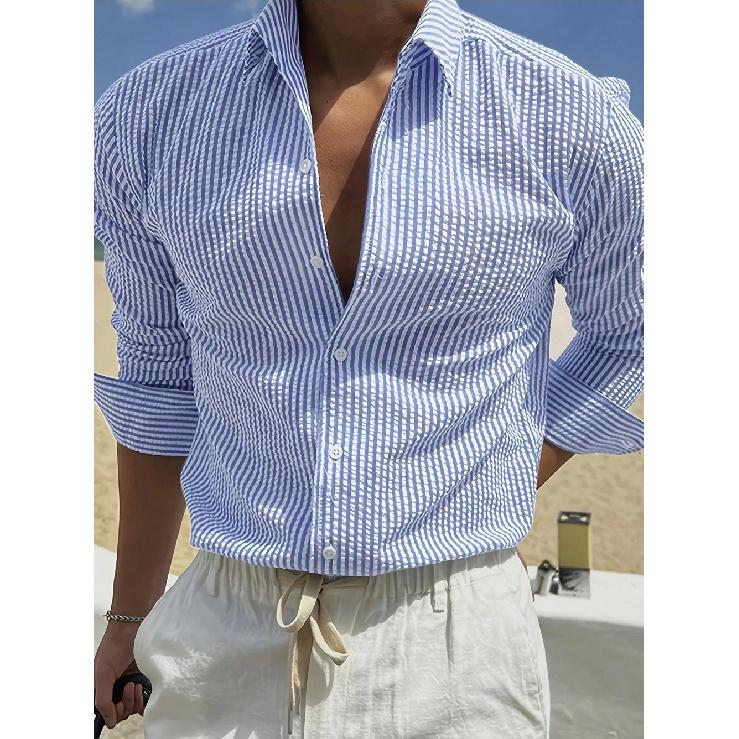 

2026 New Fashion Striped Cardigan Men s Casual Turn-down Collar Long Sleeve Shirt Top S синий