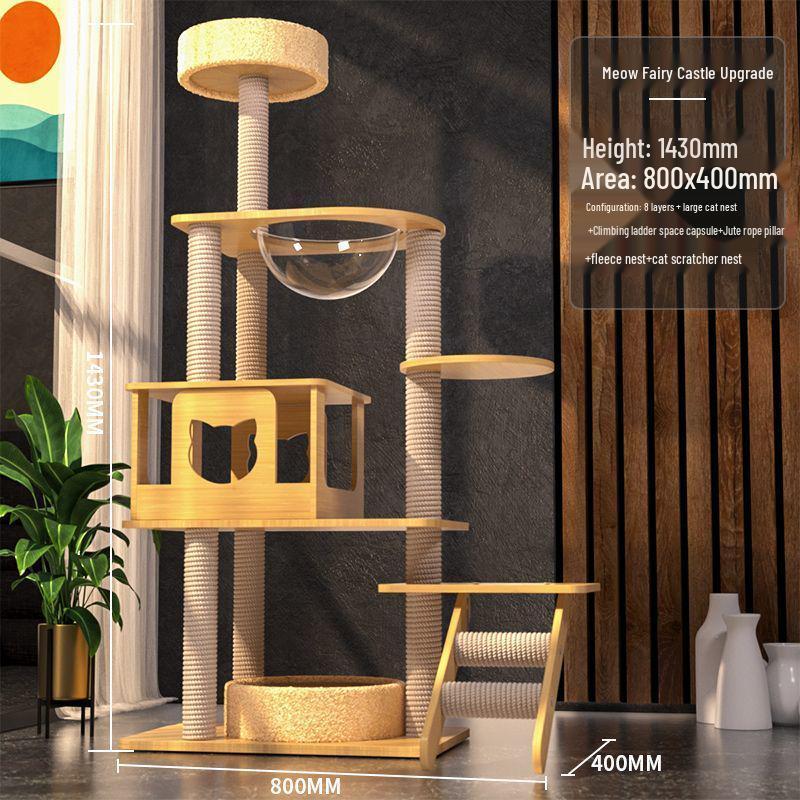 Sisal Cat Tree with Multi-Layer Platforms, Bed, and Space Capsule - Space-Saving Climbing Frame