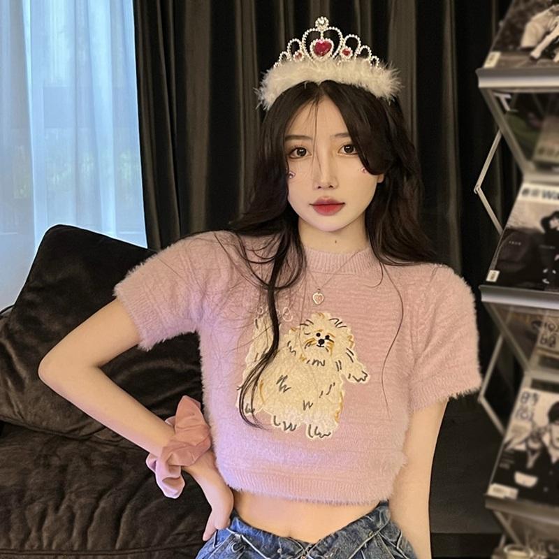 

Весна Лето Женский Вязаный Y2K Короткий Рукав Короткая Футболка Пуловер Горячая Девушка Облегающий Показывающий Фигуру Жаккардовый Тонкий Базовый Топ