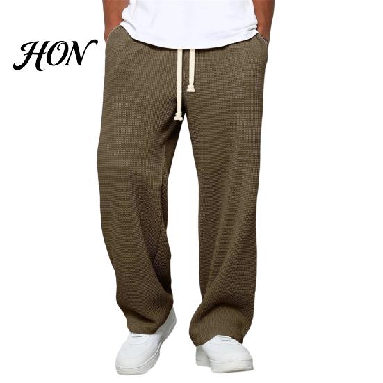 Versatile Outdoor Activewear Men Waffle Baggy Trousers, Wide Leg Drawstring Waist Slacks, Loose Fit Relaxed Travel Pants Casual Sweatpants with
