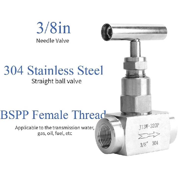 Straight Needle Valve, 3/8 Inch, 304 Stainless Steel BSPP Female Thread High Pressure Needle Control Valve, for Water Gas Oil Fuel (3/8inch)