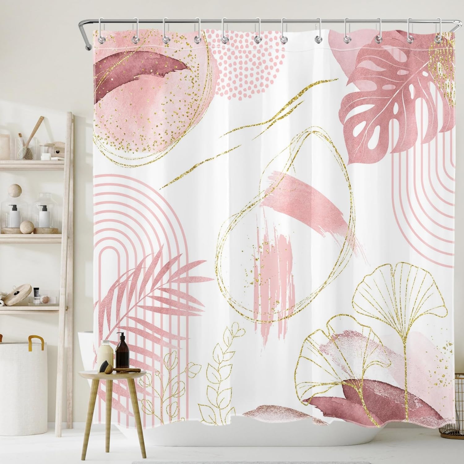 Exquisite Fashion Items Pink/Gold Abstract Geometric Shower Curtain For Bathroom, And Leaf Boho Plant Shower Curtain With Hooks Modern Aesthetic