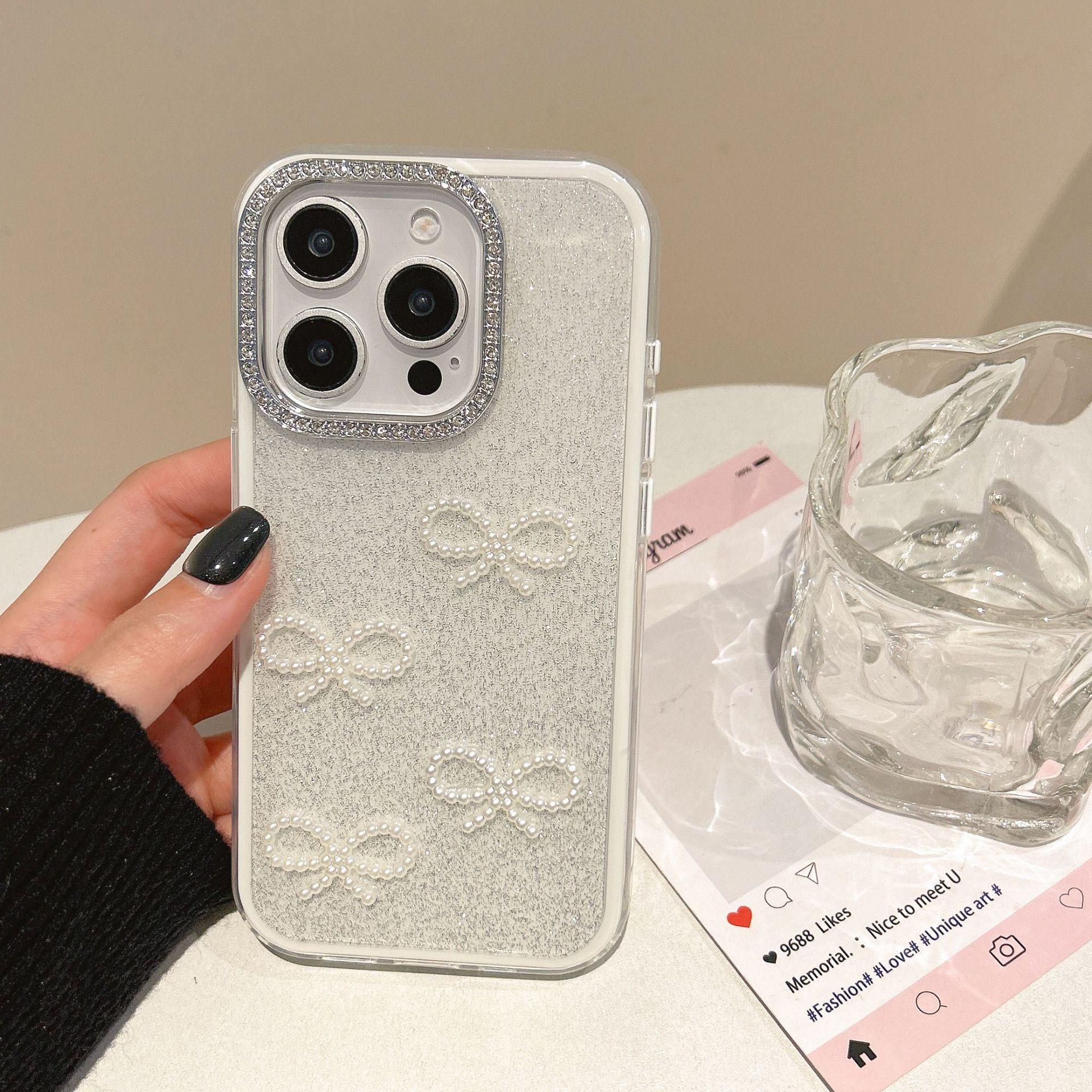 

Кольцо-линза «Три в одном» с блестками и бриллиантами подходит для Apple 16promax Bow IPhone15 Чехол для телефона Богини iPhone15Pro белый