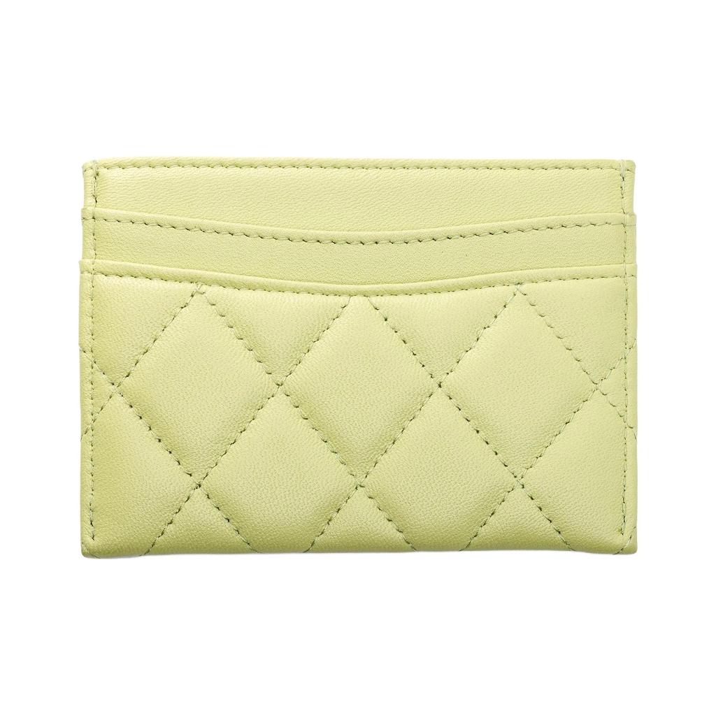 CHANEL  classic gold buckle logo  diamond pattern  lambskin  card holder  women's  yellow-green