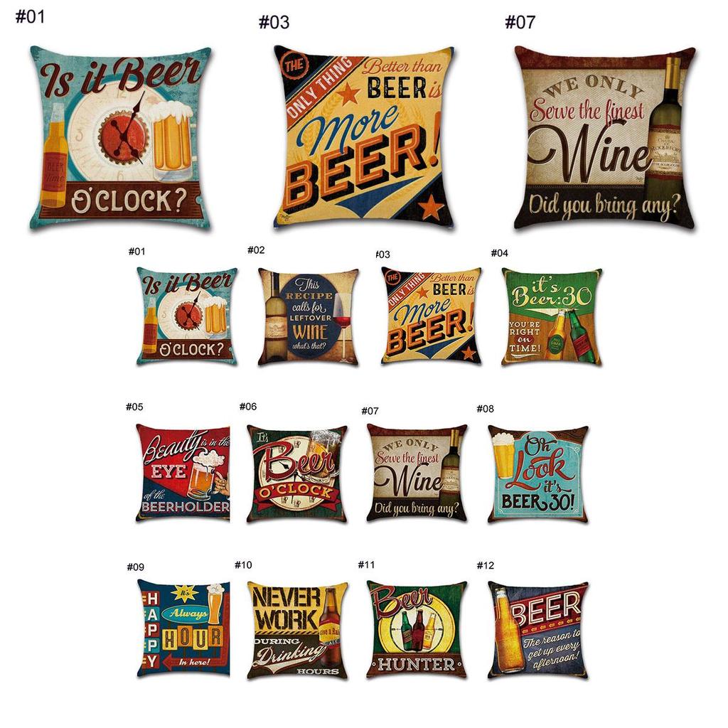 Linen 18" Cotton Pillow Case Vintage Beer Wine Bottle Sofa Throw Cover Cushion