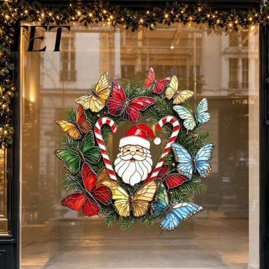 Waterproof PVC Static Clings Christmas Wreath Window Sticker, Stained Glass Style, Removable Santa Butterfly Candy Cane Decal, Cling for Home