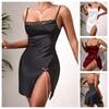 Satin Lace Cami Nightgown Side Slit Lace-Up Multi-Color Women's Loungewear 912 Adjustable Flirty Sleepwear with Romantic Lace-Up Details