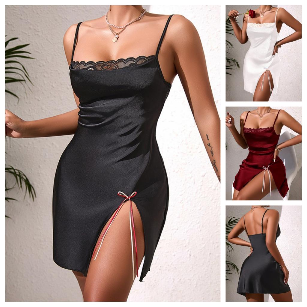 Satin Lace Cami Nightgown Side Slit Lace-Up Multi-Color Women's Loungewear 912 Adjustable Flirty Sleepwear with Romantic Lace-Up Details