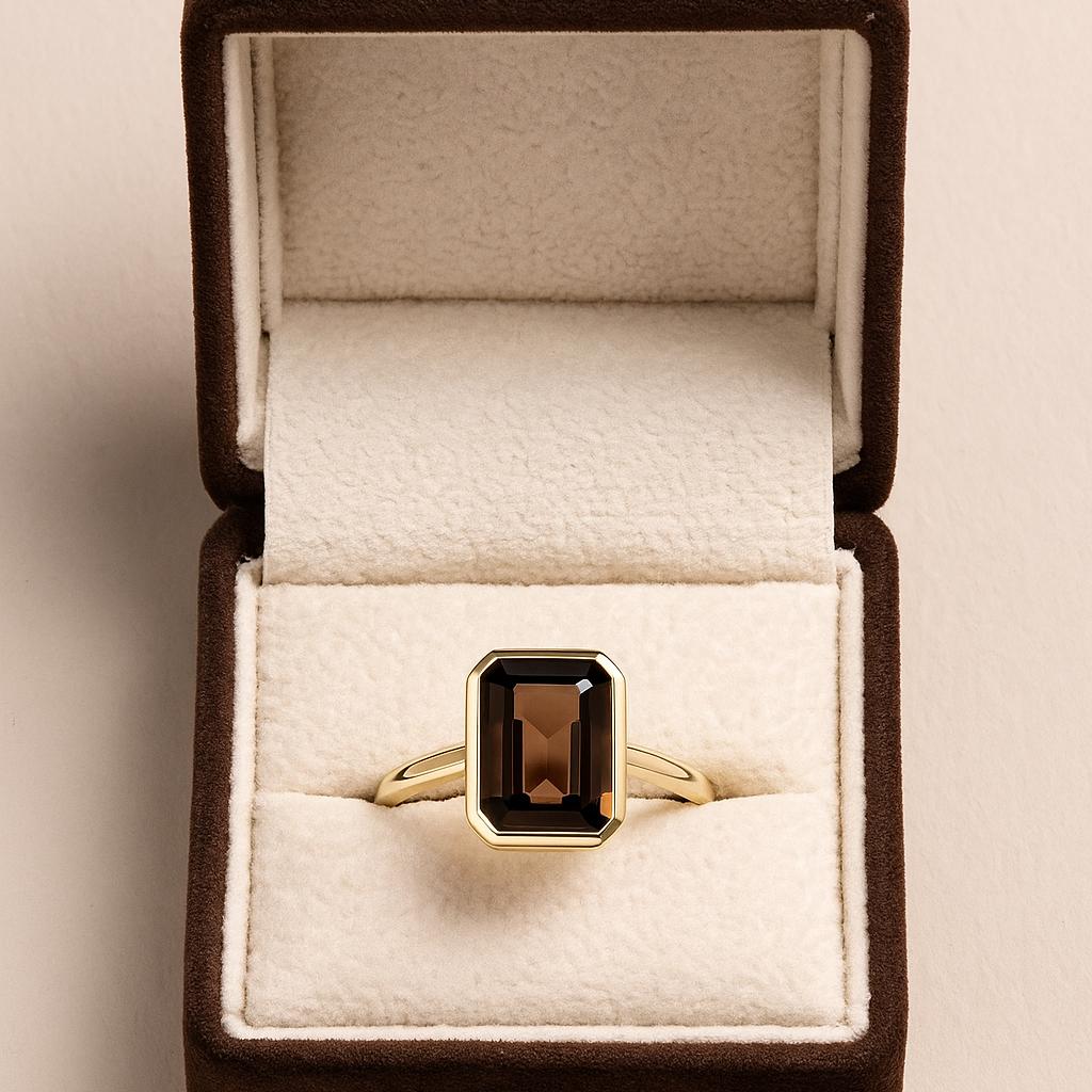 Emerald Cut Smoky Quartz Ring, Yellow Gold Plated Silver, Bezel Set Brown CZ Solitaire Statement Ring for Women