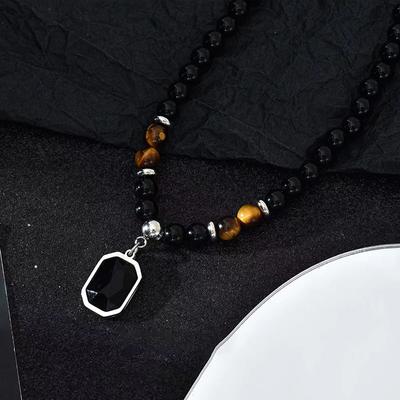Schwarze Perlen mit quadratischem Anhänger Halskette für Männer trendige Accessoires Schmuck männliche Geschenkdekoration