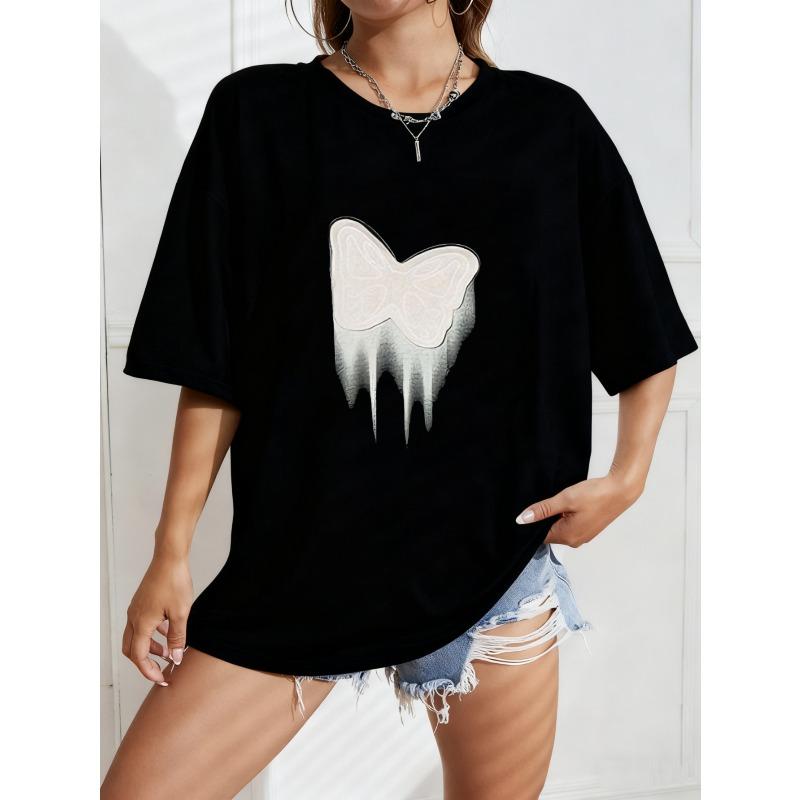 White Oversized T Shirt With Butterfly Drip Print For Casual Wear S чёрный