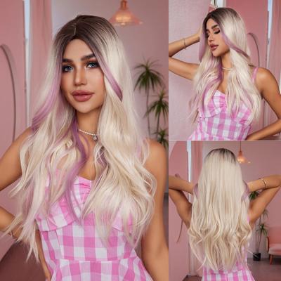 Synthetic Pink Highlight Blonde Christmas Wig for Women Long Wavy Natural Hair Cosplay Party Daily Wig Heat Resistant Fibre